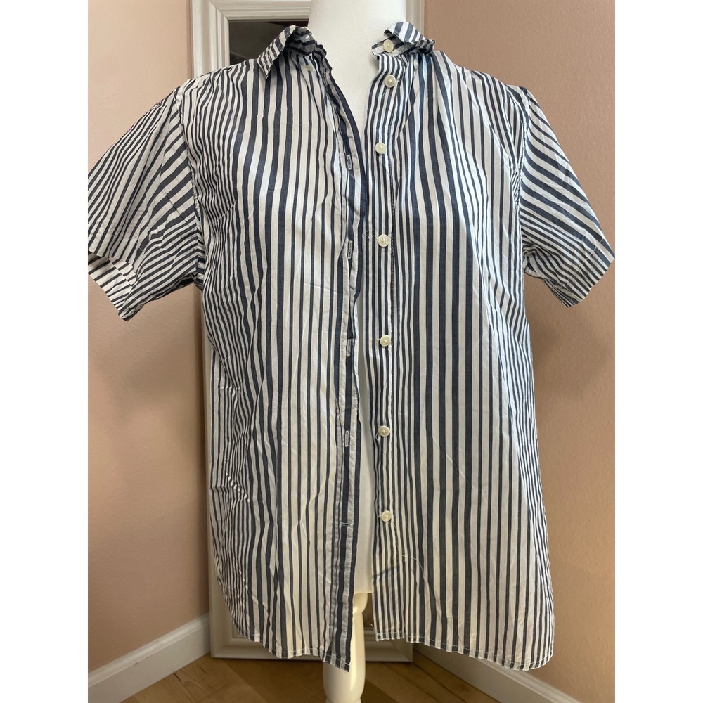 J.Crew Classic Fit Short Sleeve Button Down Shirt Navy White Striped Cotton 8